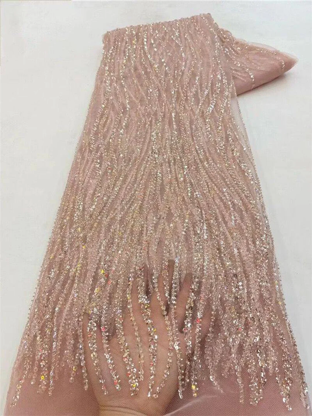 5Yards African Bridal Lace Fabric with Sequins Beaded Embroidery High Quality French Tulle for Wedding Groom Nigerian Style