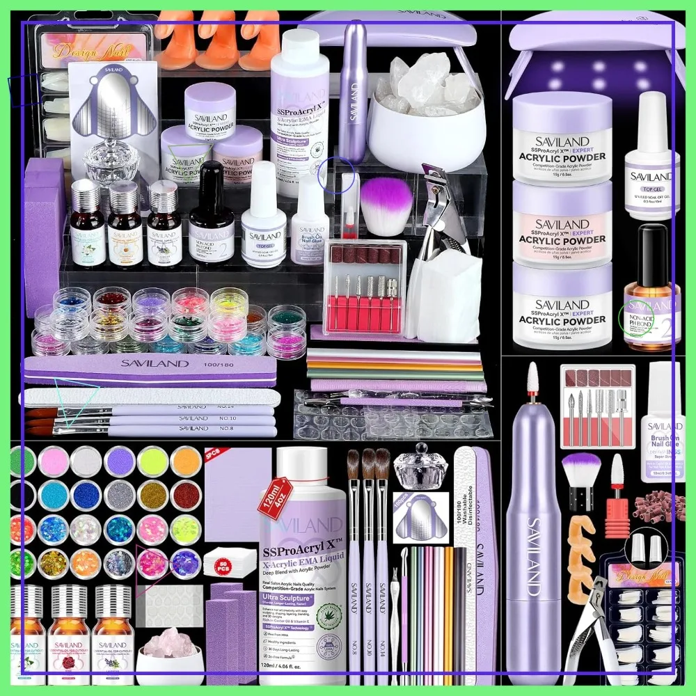 

Профессиональный набор для акриловых ногтей с фрезером: полный комплект для домашнего салона, включает мономер, мат, масло, кисти и инструменты для наращивания.