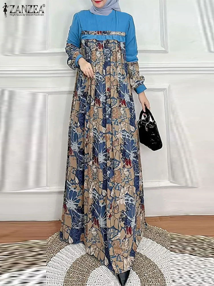 ZANZEA Islamic Hijab Muslim Long Vestidos Long Sleeve Floral Print Patchwork Casual Autumn Abaya Robe Women Flounce Maxi Dress