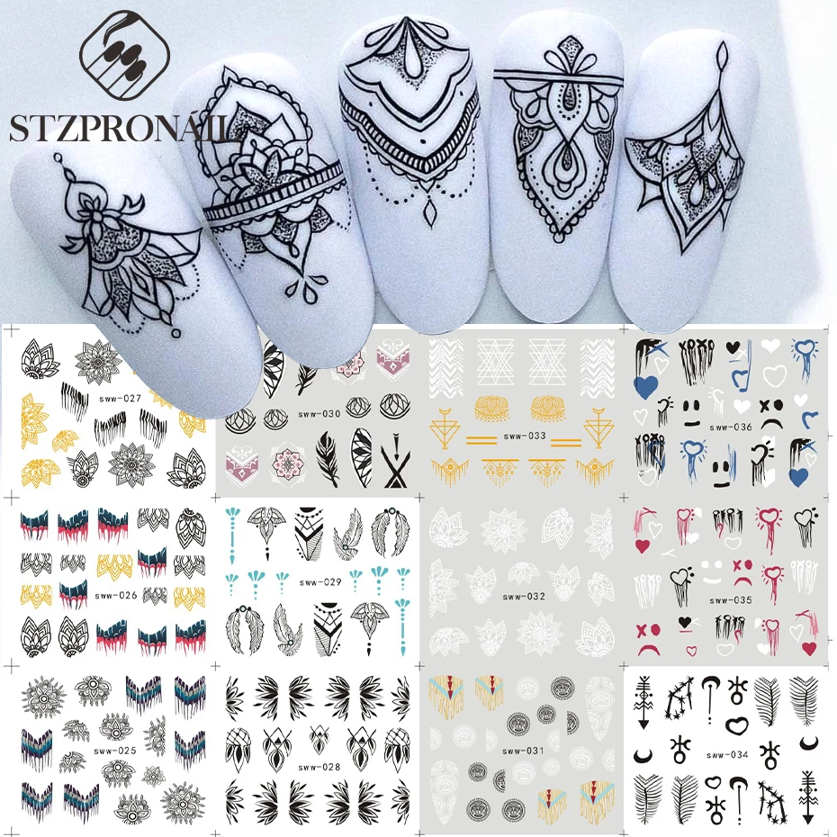 12pcs Mandala Nail Sticker Black White Flower Necklace Jewelry Lace Heart Totem Water Transfer Decal Manicure Sliders Tips SLSWW