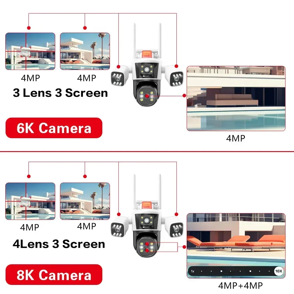 กล้องวงจรปิด CCTV ขนาด8K 16mp สำหรับกลางแจ้งกล้องวิดีโอแบบ3หน้าจอสำหรับใช้ใน IP Wi-Fi กล้องวงจรปิด IPC360บ้าน10X PTZ ซูมแบบ PTZ