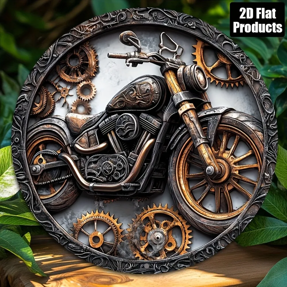 علامة معدنية عتيقة للدراجة النارية - فن دائري مسطح ثنائي الأبعاد مقاس 8 × 8 بوصة مع سلسلة وتروس، مثالية للبار/المنزل، هدية عيد الميلاد للراكبين #1