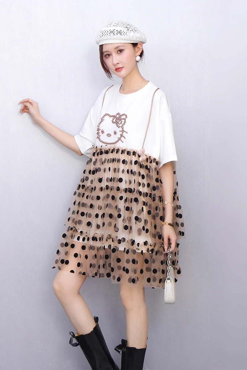 2025 Estate nuove donne eleganti T-shirt in rete abiti corti larghi abito da donna a maniche corte all'ingrosso J1194