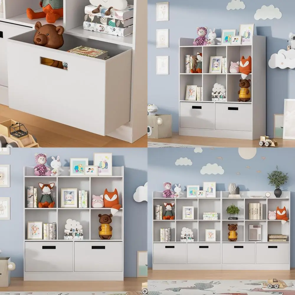 

Детская деревянная книжная полка с 3 ярусами и тканевыми ящиками, открытые полки для хранения для спальни, гостиной или офиса, белая