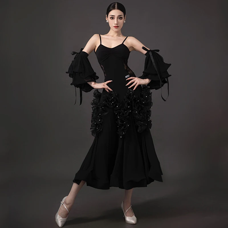 New Fairy Ballroom Dance Dress Women Black Lace Party Prom Waltz Dance Performance Costume Adult Competition Clothes BL12205