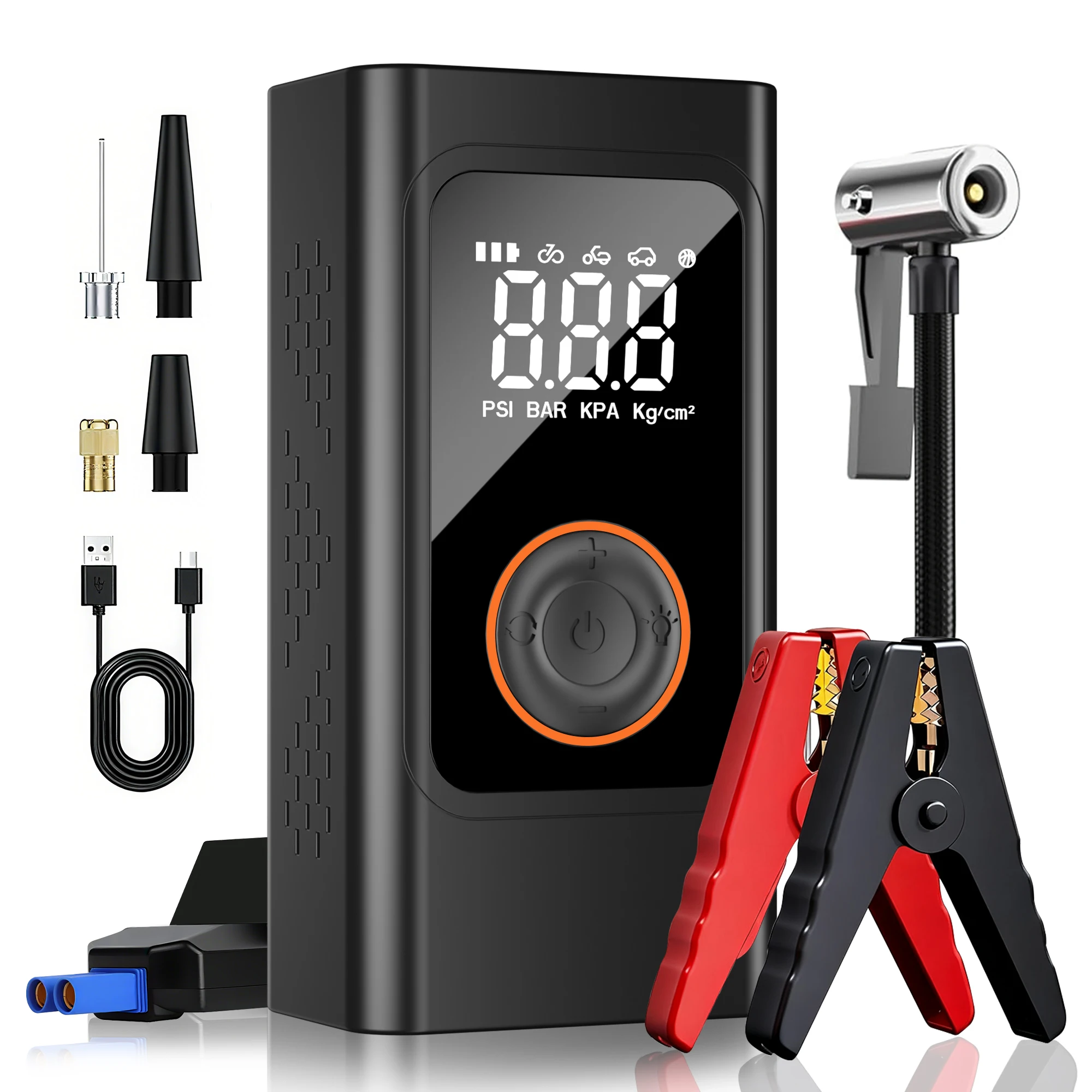 6000A Starthilfegerät mit Luftkompressor, tragbarer Autobatterie-Booster mit intelligenten Klemmen, Digitalanzeige, LED-Licht, Verpolungsschutz, 10-Bar-Reifenfüller, für 5,0-Liter-Benzin- und