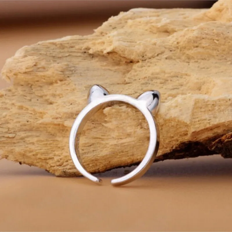 

New Fashion Popular 925 Sterling Silver Simple Small Cute Cat Ears Animal Opening Rings R006