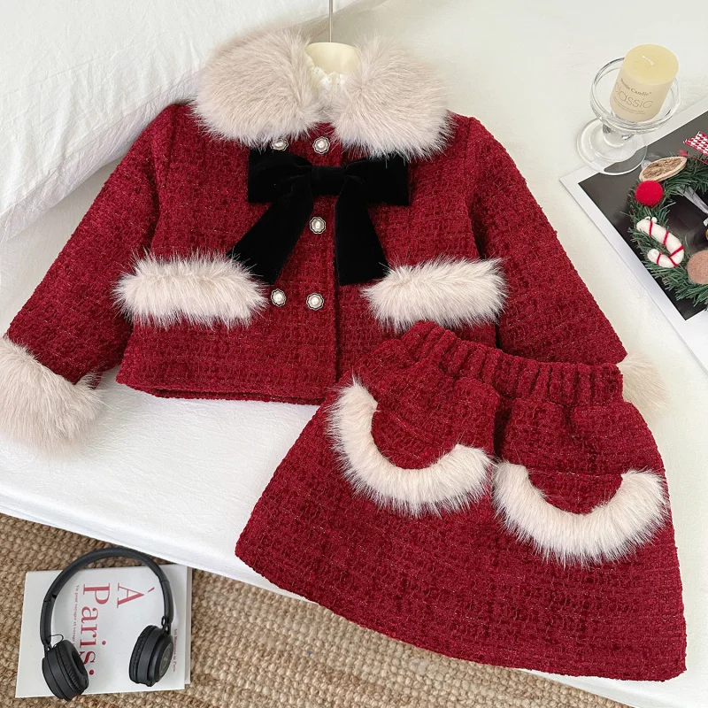 

Children's New Winter Set for Girls, Fleece-Lined and Thickened, Cute New Year Outfit, Jacket and Skirt Two-Piece Set, Trendy
