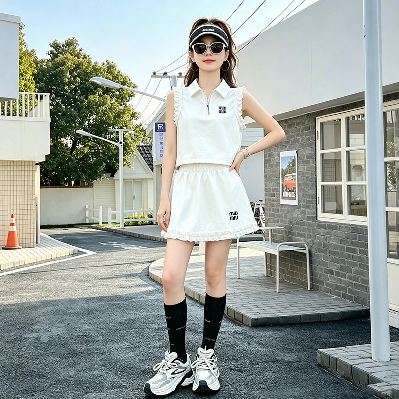 

2026 Summer Children's Baseball Jacket Two Piece Set Girls' Trumpet Sleeves One Step Skirt Tennis Sports Set Skirt