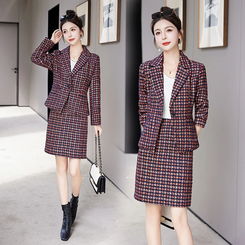 Blazer de lã xadrez feminino e mini saia, elegante na moda coreana, casual senhora do escritório, outono, inverno, novo, conjunto 2 peças