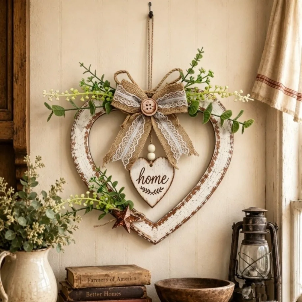 Vintage Heart Shaped Wall Decor Rustic Artificial Plant Wall Hanging Sign Romantic Bow Knot Home Wooden Wreath Farmhouse