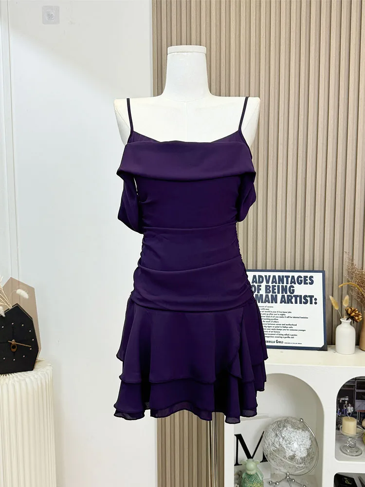 American Style Sexy Slim Spaghetti Strap Dress Women Coquette Pleated Prom Gown Autumn 2024 New Purple Elegant One-Piece Frocks