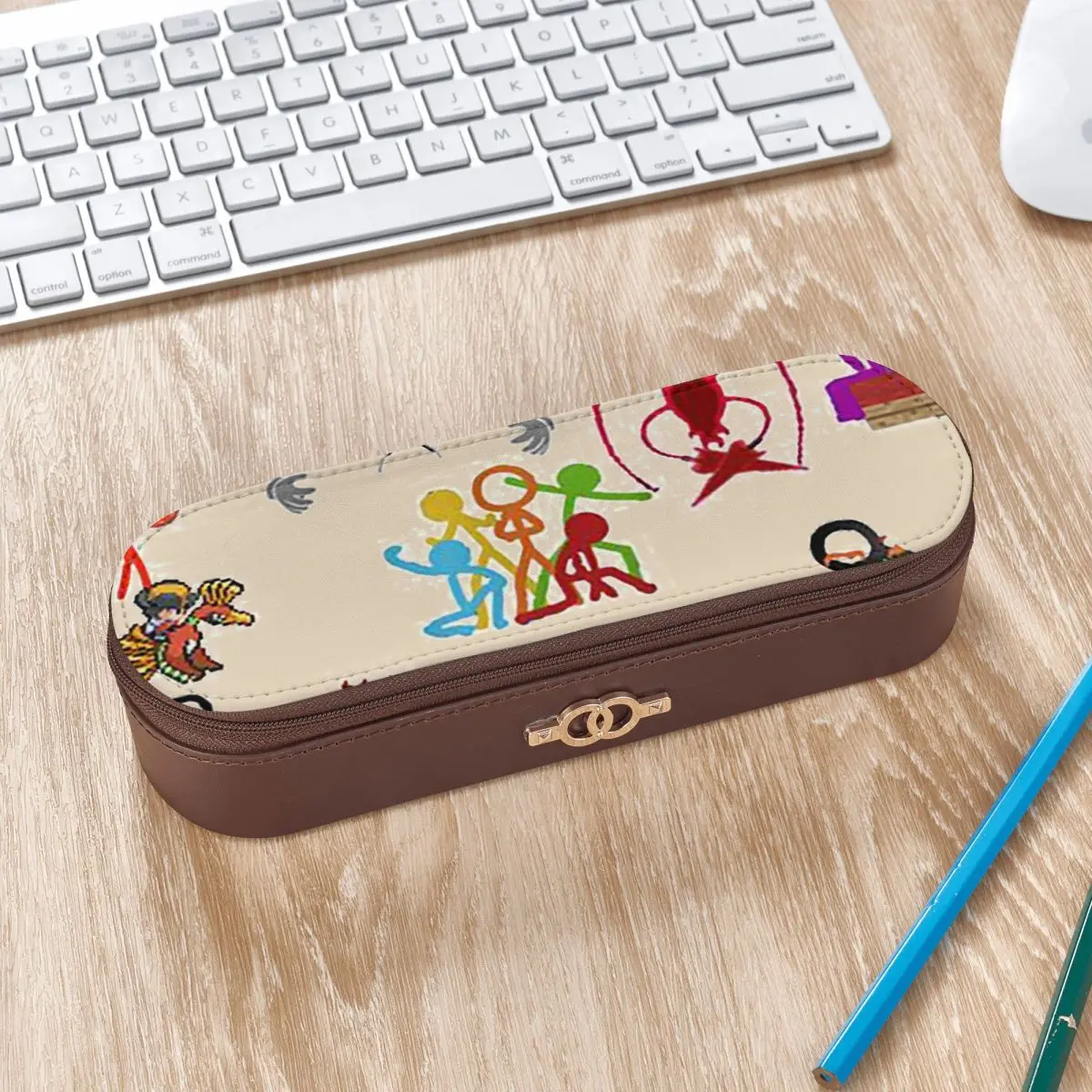 Alan Becker Five Stick Figures With Fire Mouse Pickaxe Leather Pencil Case Pencil Pouch Storage Stationery Supplies Pen Box