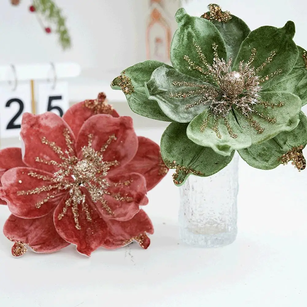 1pc 24cm Christmas Flowers Glitter Red Gold Pink Green Flower Head Xmas Tree Ornament For Home Xmas Party Navidad 2025 New Year