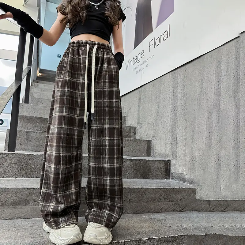Kids Cotton Spring Autumn Plaid Pants for Teenage Girls Causal Loose Straight Drawstring Trousers Child Fashion Sweatpants 5-14Y - Image 7