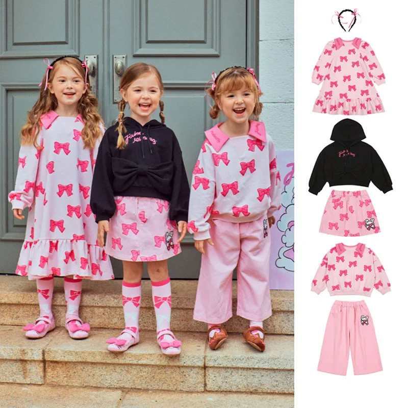 

Clothes for Girls Autumn 2025 New Collection: Small and Medium Sized Children's Bow Pattern Hoodie, Pants, Cute Half Skirt Sets