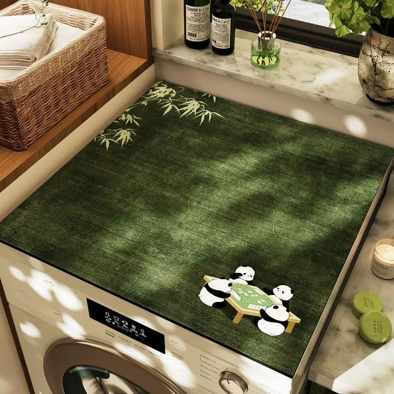 VIKAMA Forest Green Panda Mahjong Washing Machine Top Mat Bamboo Cartoon Animal Table Water Resistant Non Slip Kitchen Balcony