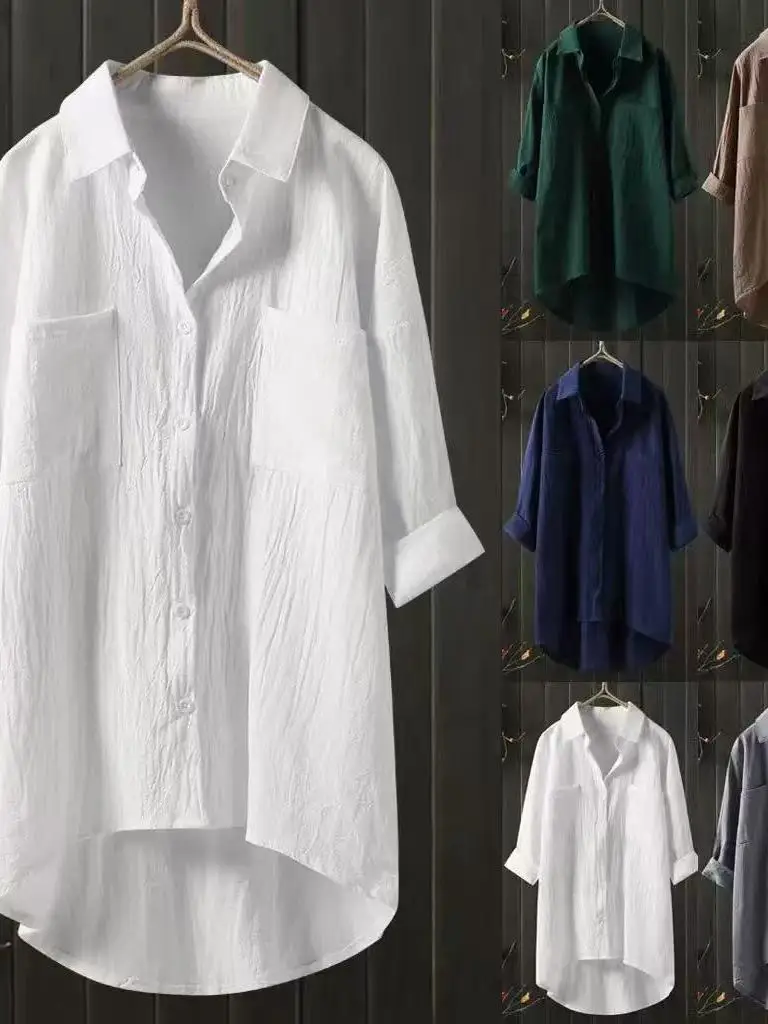 

Женская рубашка больших размеров в свободном стиле, удлиненная, летняя, новинка, белая, повседневная, модная, в корейском стиле