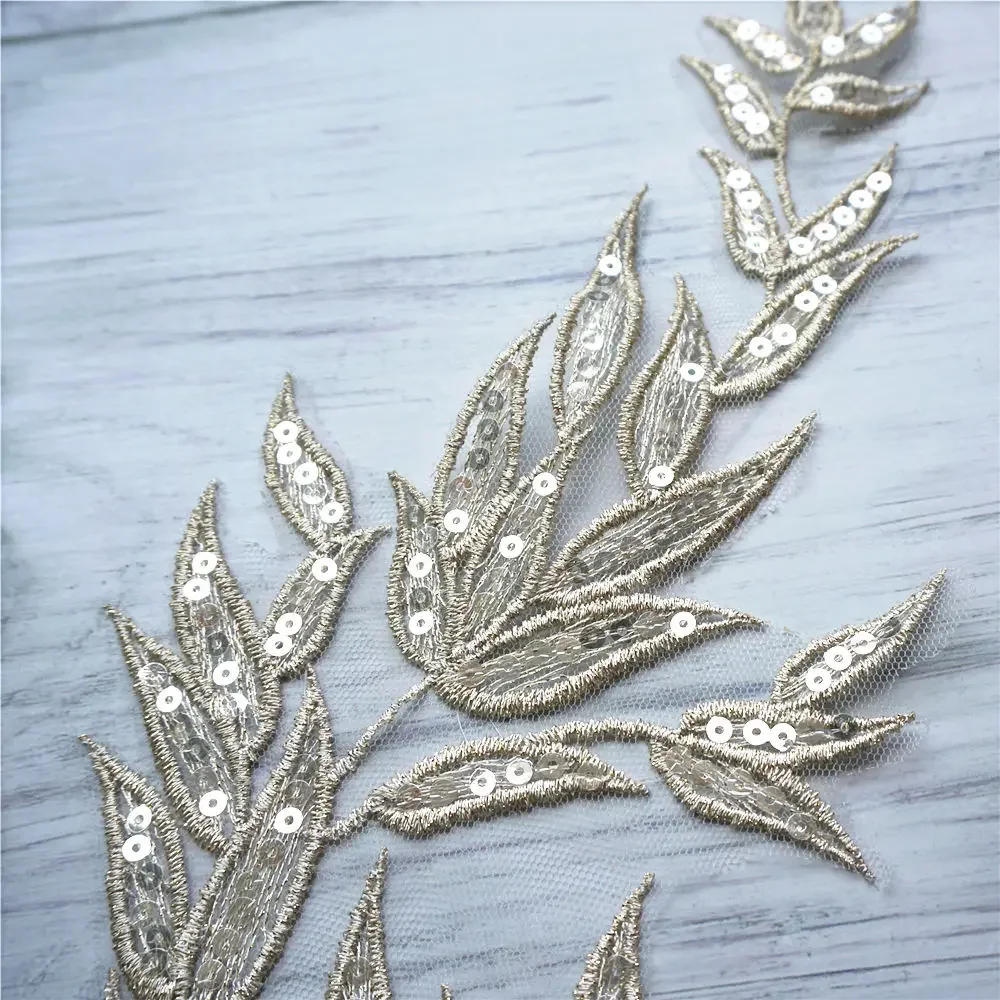 2PCS Light Gold Leaf Leaves Lace Fabric Sequin Embroidered Gown Appliques Collar Sew Patches For Wedding Decoration Dress DIY