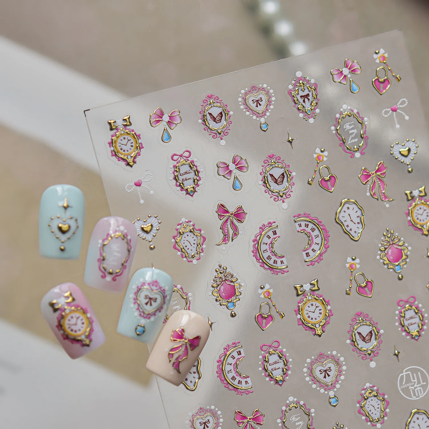Luxury Baroque FrameNail Art Stickers Embossed Clock Pink Bow Heart-shaped Sticker Self-adhesive Nail Art Decoration Accessories