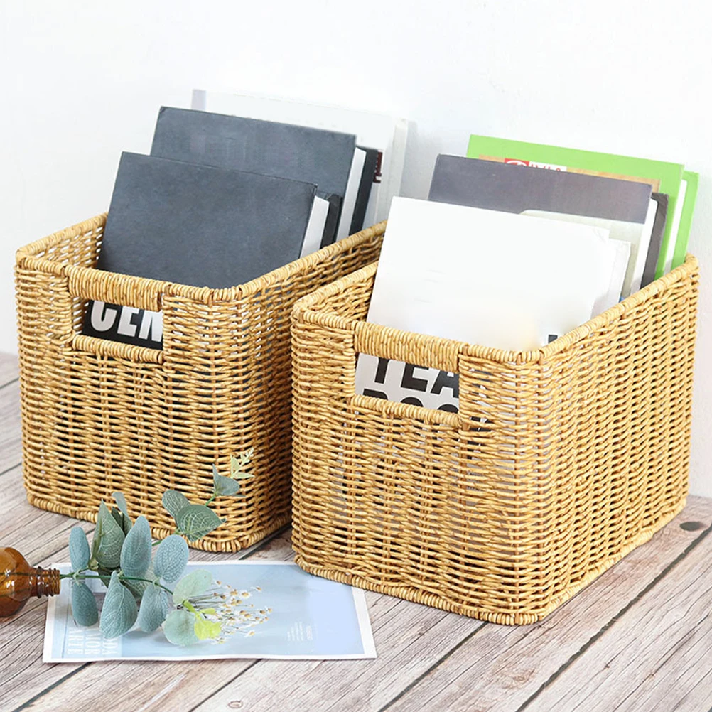 

Woven Desktop Storage Basket Hollow Handle Imitation Rattan Large Capacity Basket for Home Kitchen Bathroom Organization