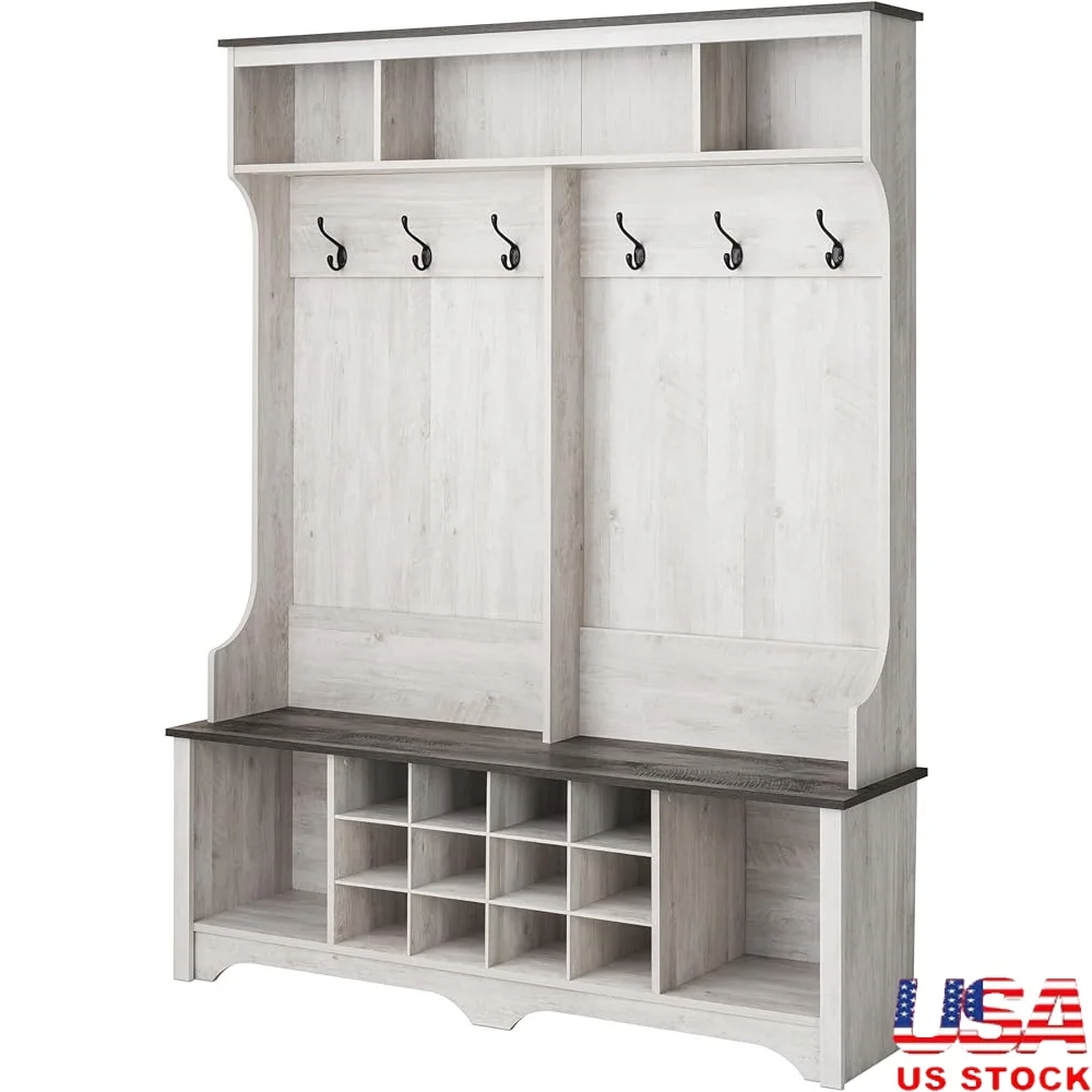 

Freestanding Hall Tree Storage Cabinet with Shoe Cubbies Boot Storage and Coat Hooks Entryway Organization