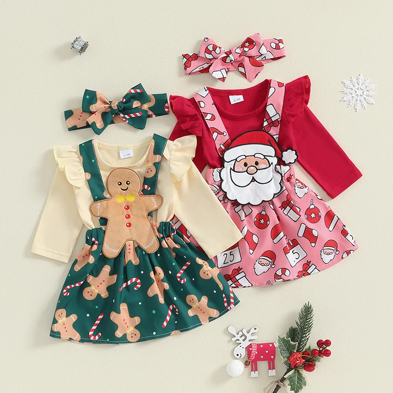 Baby Girls Christmas Outfit Long Sleeve Romper with Gingerbread Man Santa Claus Suspender Dress and Headband 3Pcs Clothes Set