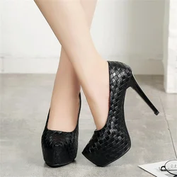 New Autumn 12CM High Heels Women Pumps Round Toe Slip On Stiletto Black Silver Woven Plaid Platform Party Office Lady Shoes Sexy