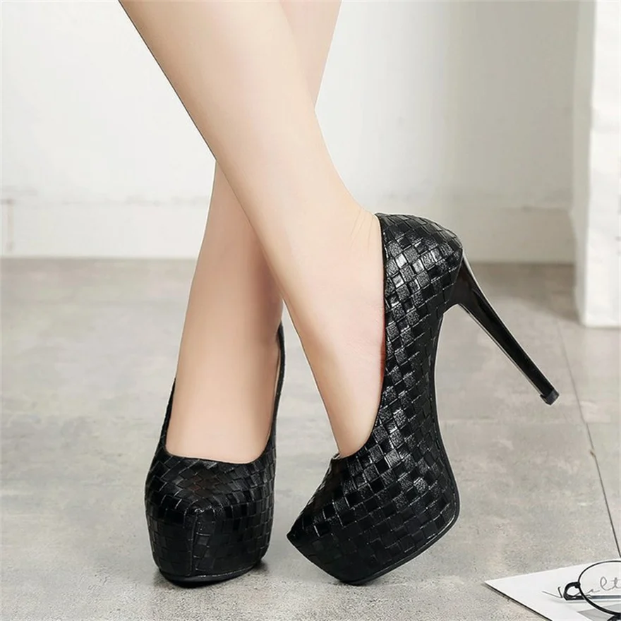 New Autumn 12CM High Heels Women Pumps Round Toe Slip On Stiletto Black Silver Woven Plaid Platform Party Office Lady Shoes Sexy