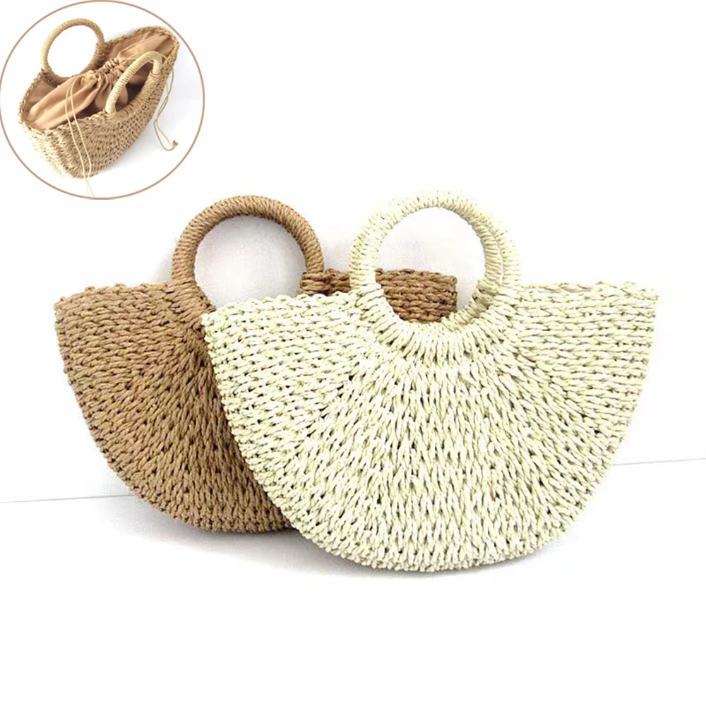 

Creative Half Round Woven Handbag Moon Bag Women Straw Plaited Shopping Tote Bag Classic Outdoor Beach Camp Storage Bags Female