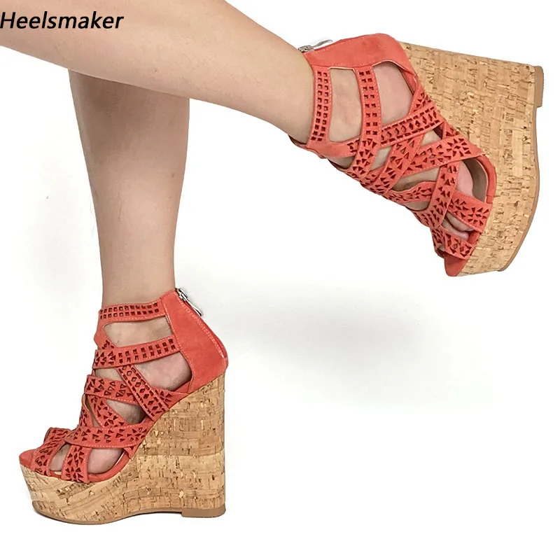 

Sukeia/женские босоножки на платформе с молнией сзади, на танкетке, с открытым носком, великолепные оранжево-синие, красные туфли для вечеринок, женские размеры США 5-20