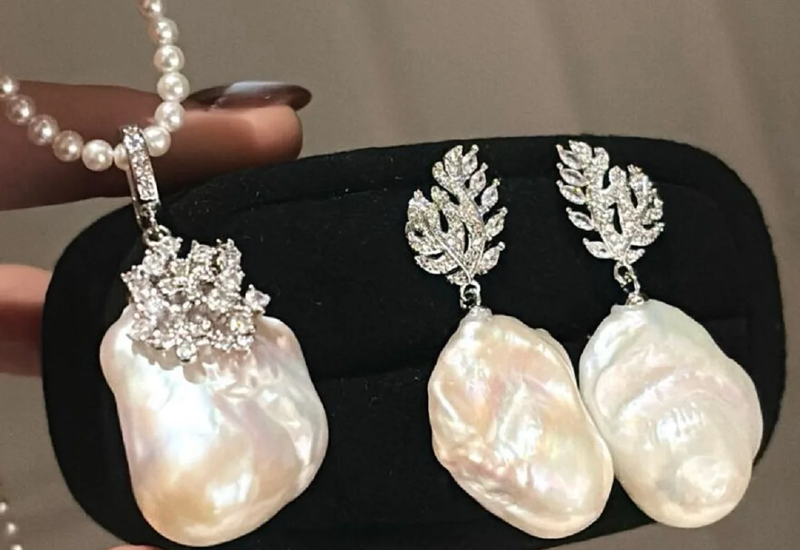 gorgeous set of 15-20mm south sea white baroque pearl pendant &earring 925s  Full Hole