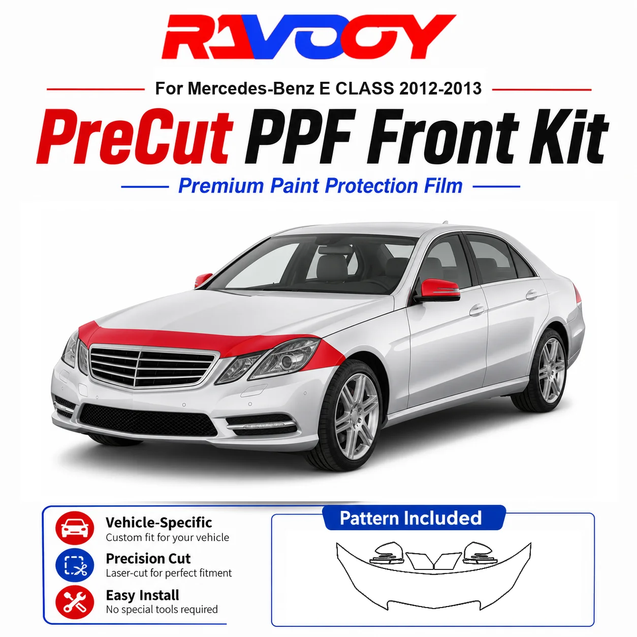 

8.5mil TPU Precut PPF Kit For Mercedes-Benz E CLASS 2012-2013 - Hood, Fenders & Mirror Set - Self-Healing Clear Bra Film