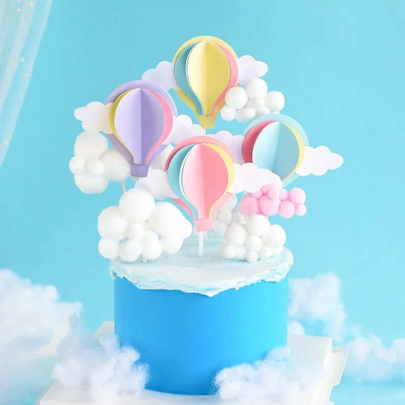 Colorful Clouds Cake Topper Flag Hot Air Balloon Happy Birthday Wedding Cupcake Toppers Baking Party Baby Shower Cake Decor DIY