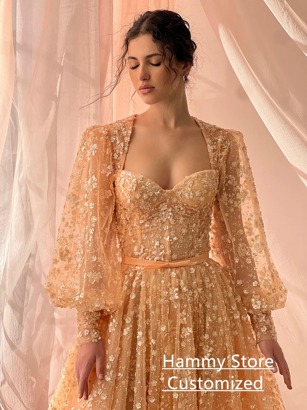 Sparkling Sequined Evening Dress Customized Puff Sleeves Sweetheart A Line Sweep Train Corset Prom Dresses Party Gown