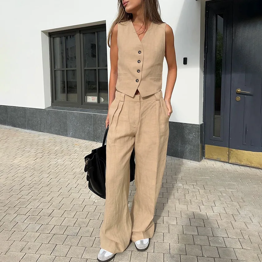 

2 Piece Sets Women Vest Top Wide Leg Pants Suit V Neck Single Breasted Sleeveless Outfits 2025 Summer Waistcoat Trousers
