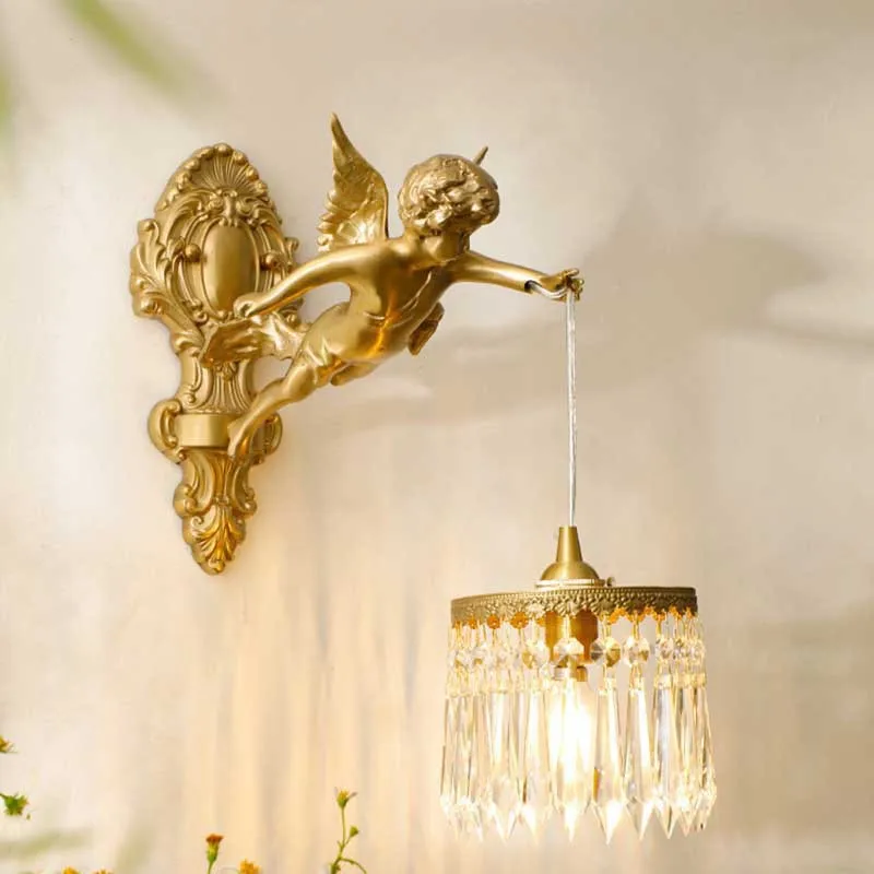French vintage crystal feature wall brass wall lamp, American little angel bedroom lamp, bedside wall lamp