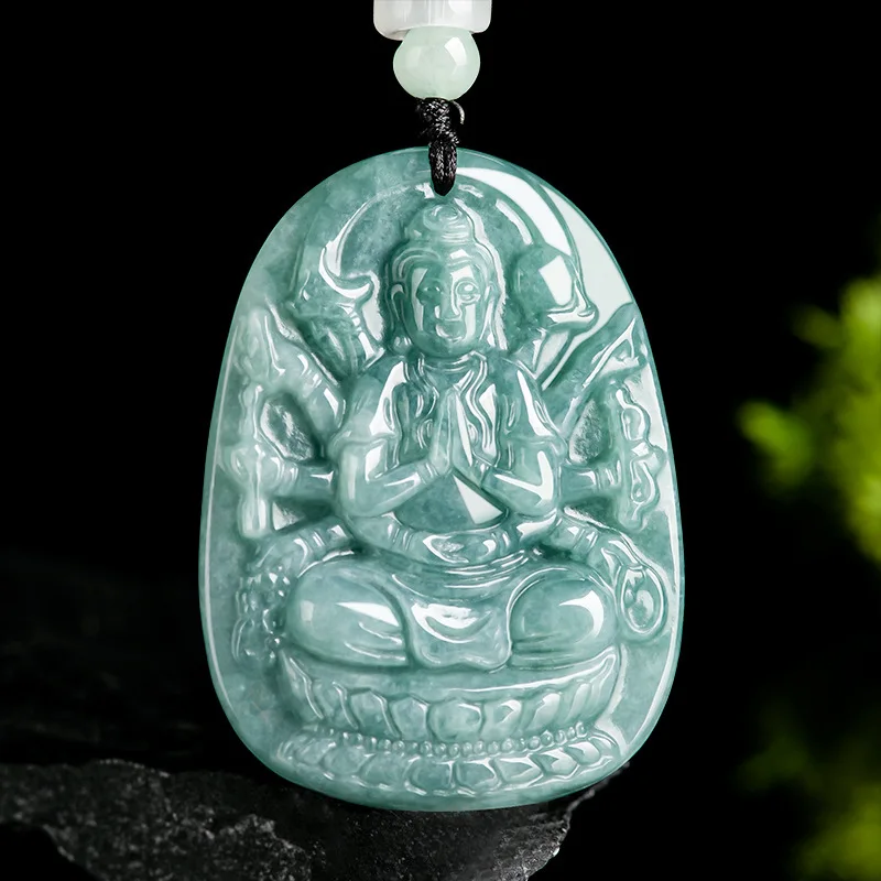 

Mai Chuang/ Hand-carved/ Natural Jade Blue Water Thousand-hand Avalokitesvara Emerald Necklace Pendant Fashionable Couple Amulet