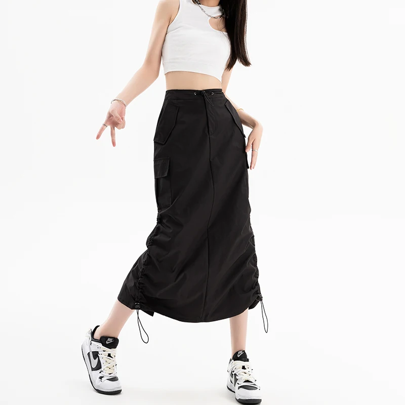 American Retro Cargo Skirt for Women Summer Slit Design Drawstring High Waist Mid-length Skirt Y2k Streetwear Fashion Clothing