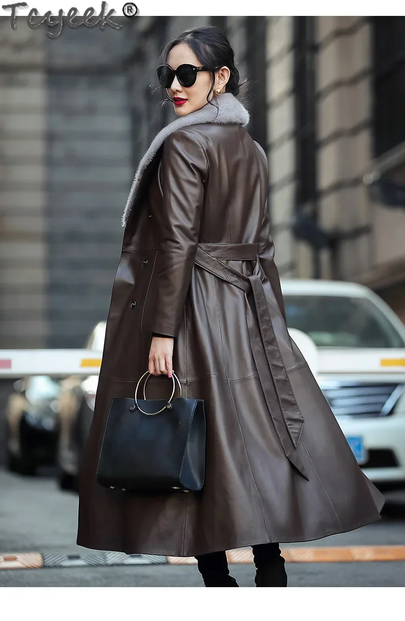 Tcyeek Echt Leren Jas Vrouwen 2024 Natuurlijke Schapenvacht Jas Middellange Trenchcoat Vrouw Winter Kleding Echte Nertsen Bontkraag