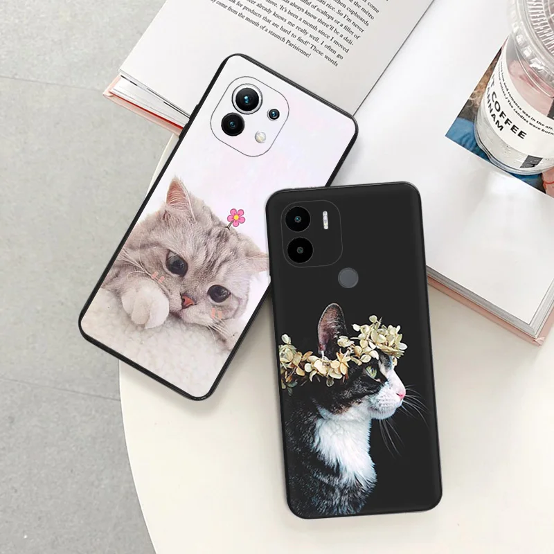 Soft Case for Redmi K60 E 12C 12 K50 K40 Gaming 9 9A 9C 9T 9I 10 10C 10A A2 A1 Mi CC9 C51 Cute Pink Cat Black Phone Cases Cover