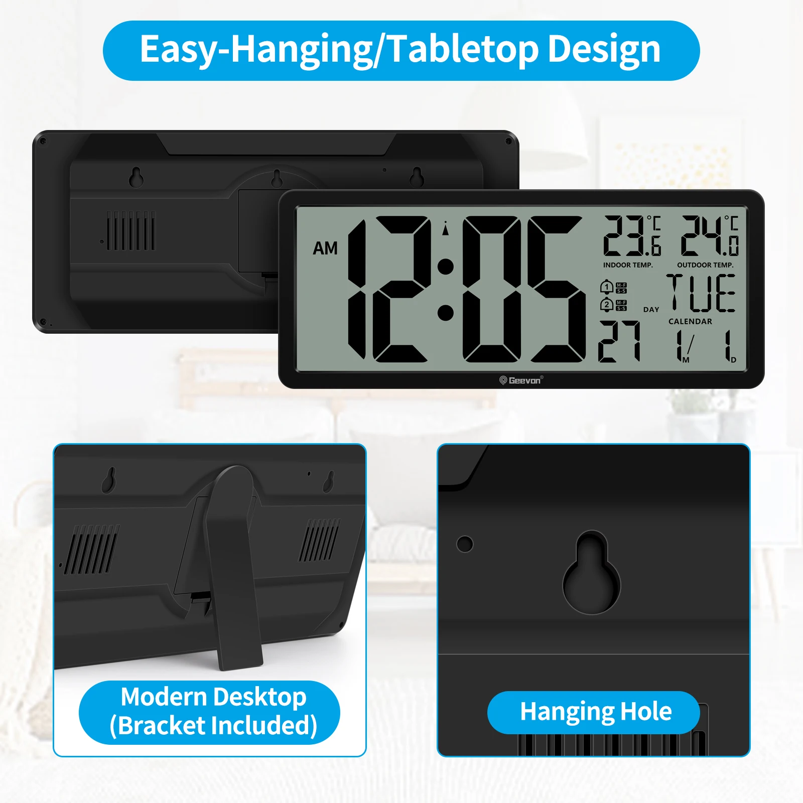 Geevon-Grande relógio de parede Digital LCD com alarme duplo, temperatura interior e exterior, 4,4 polegadas, dígitos para o quarto, 14,3 polegadas