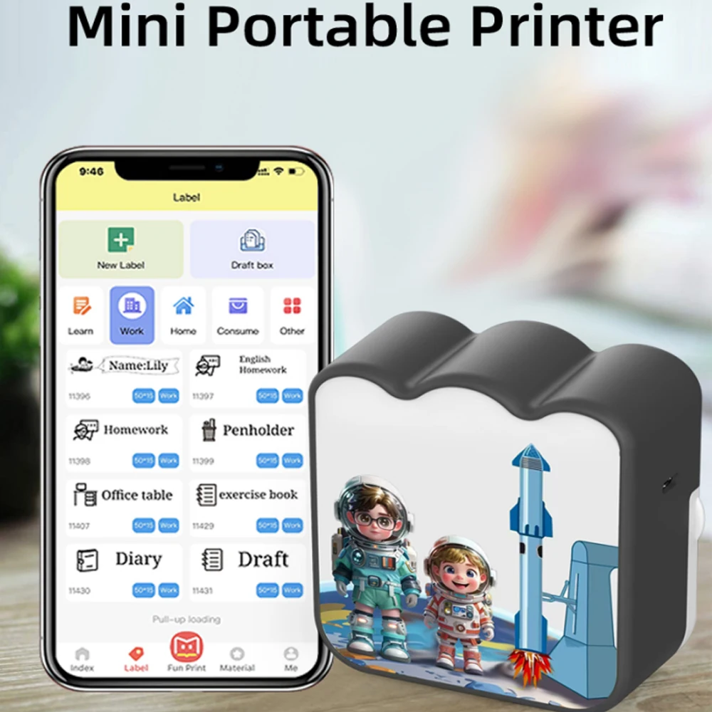 KGG Student Homework Study Machine Mini Printer Home Office Thermal Printer 57mm Bluetooth Wireless Inkless Printer for Photo.