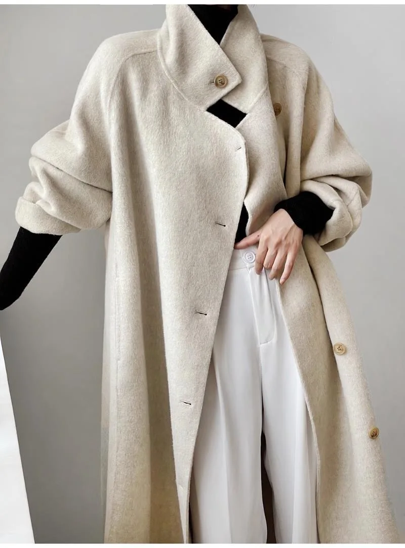 Advanced Gray Standing Collar Long Woolen Coat For Women'S Autumn And Winter Clothing, New Fashionable Double-Sided Woolen Coat