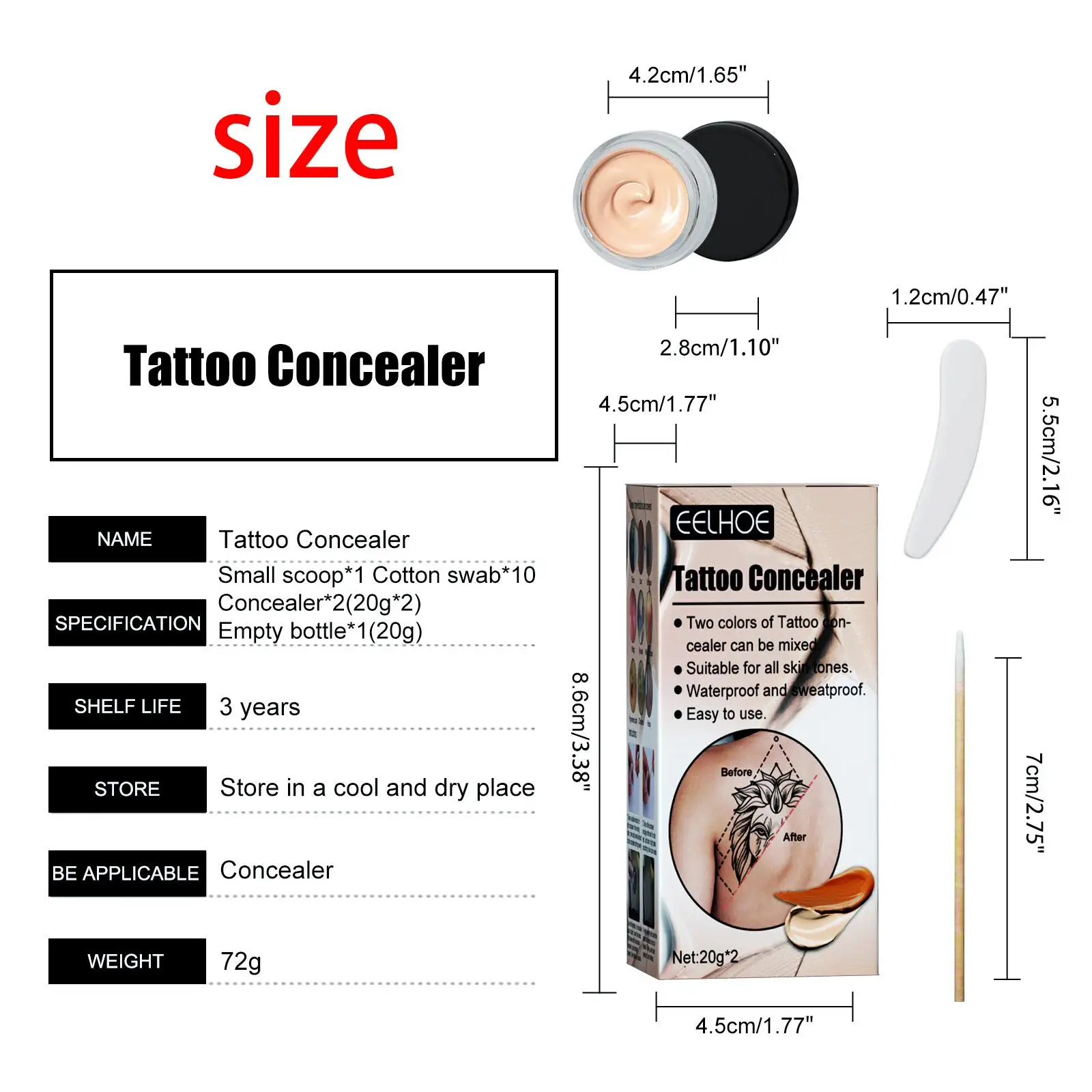 2xTattoo Concealer Set Maquillaje de cobertura total para marcas de nacimiento Cuerpo Cara Hombres Mujeres