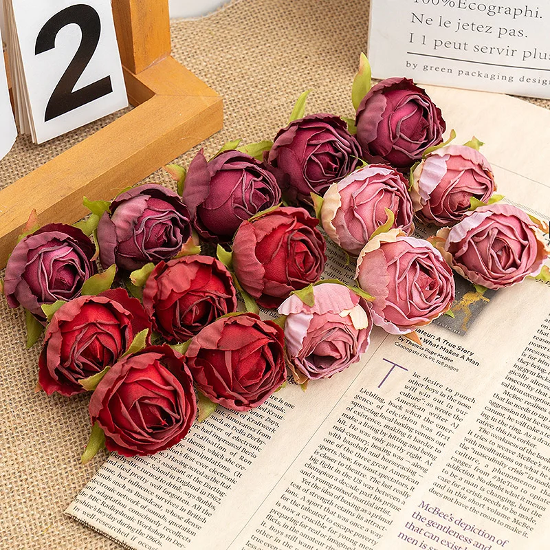 5Pcs Artificial Flower Silk Retro Burnt Edge Tea Buds Rose Head Christmas Wedding Home Decorative Fake Floral Craft Arrangement