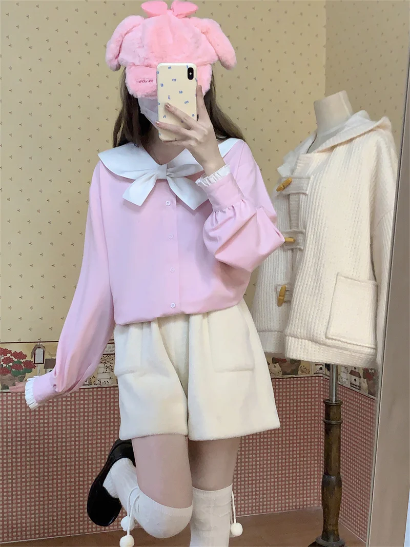 Japanese Kawaii Fashion Pink Shirts Women Sailor Collar Long Sleeve Blouse Lolita Sweet Jk School Girl Cute Cosplay Uniform Top