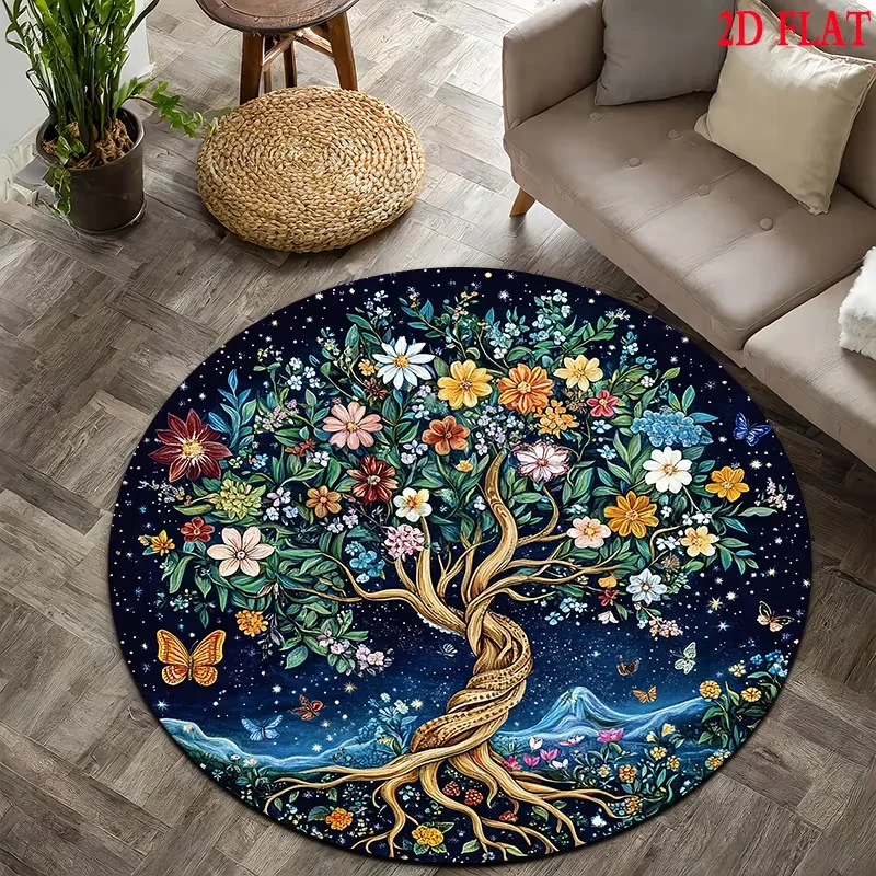Round Starry Life Tree Floral Butterfly Area Rug Night Sky Mountain Wildflower Pattern Decor Carpet For Living Room Bedroom