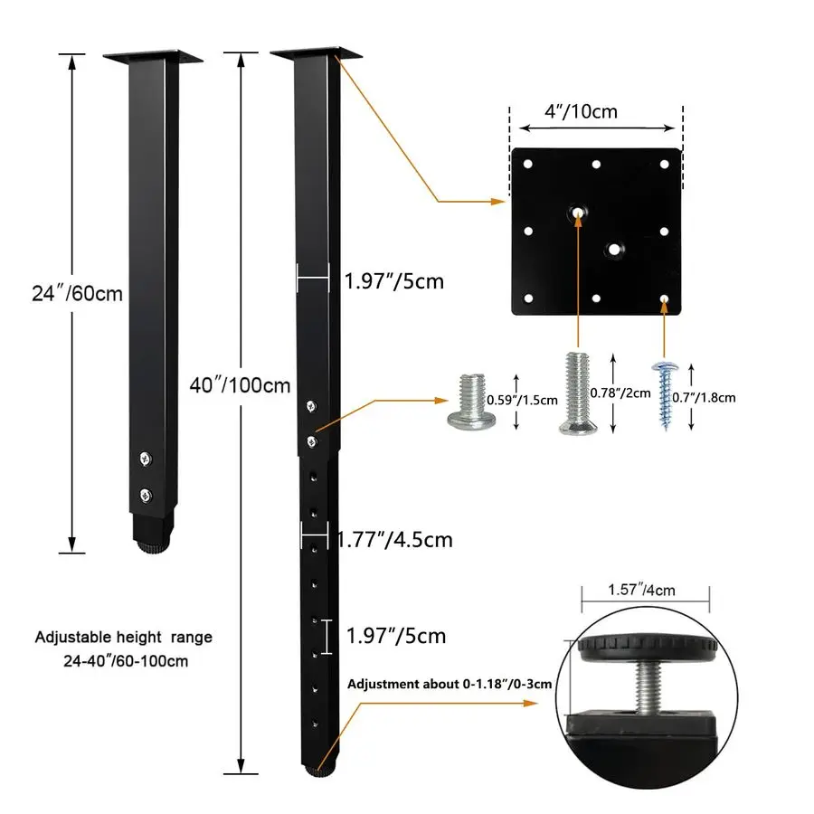 Adjustable Square Table Leg, 2440 inch, 60100cm, Home Office Custom DIY Table Legs, Furniture Leg Set 4, Black