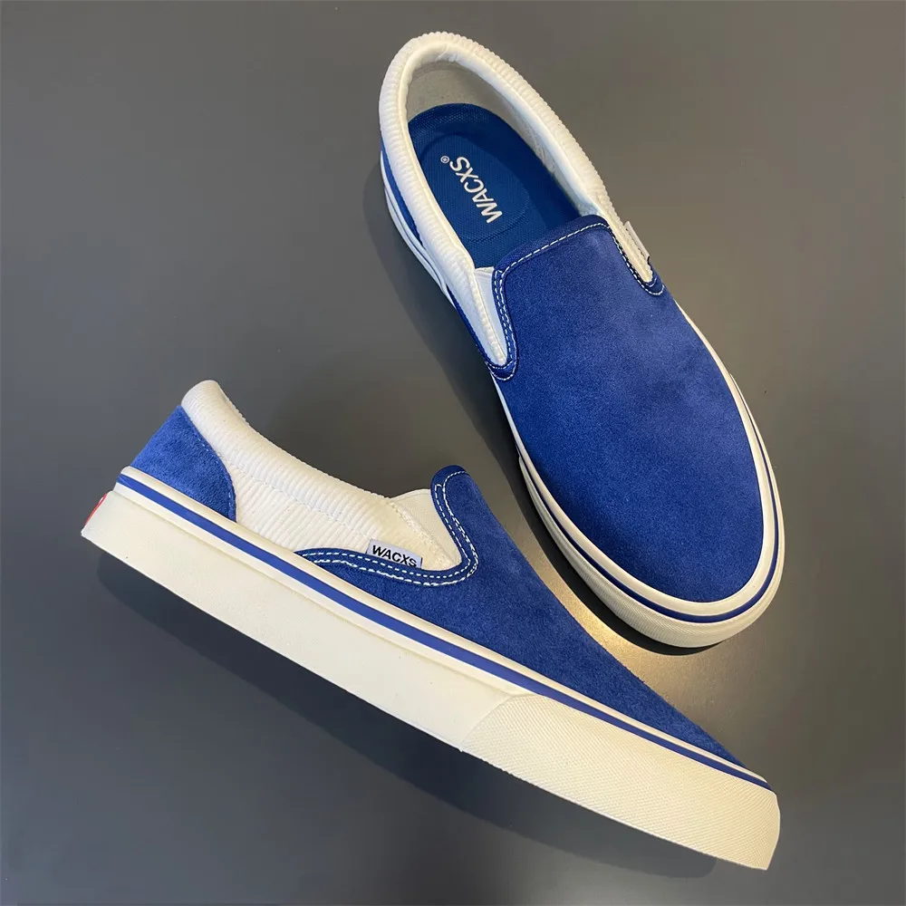 Suede Slip-On Low-Top Skate Shoes, All-Season Anti-Slip Wear-Resistant Commuter Sneakers, Niche Design Blue & White Color Block